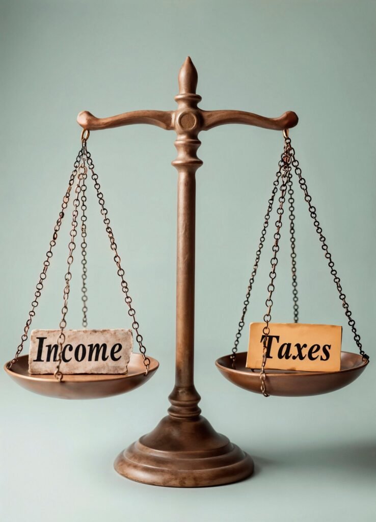 « Une balance pesant le revenu face aux impôts, représentant les considérations fiscales d'un portefeuille d'investissement diversifié. »